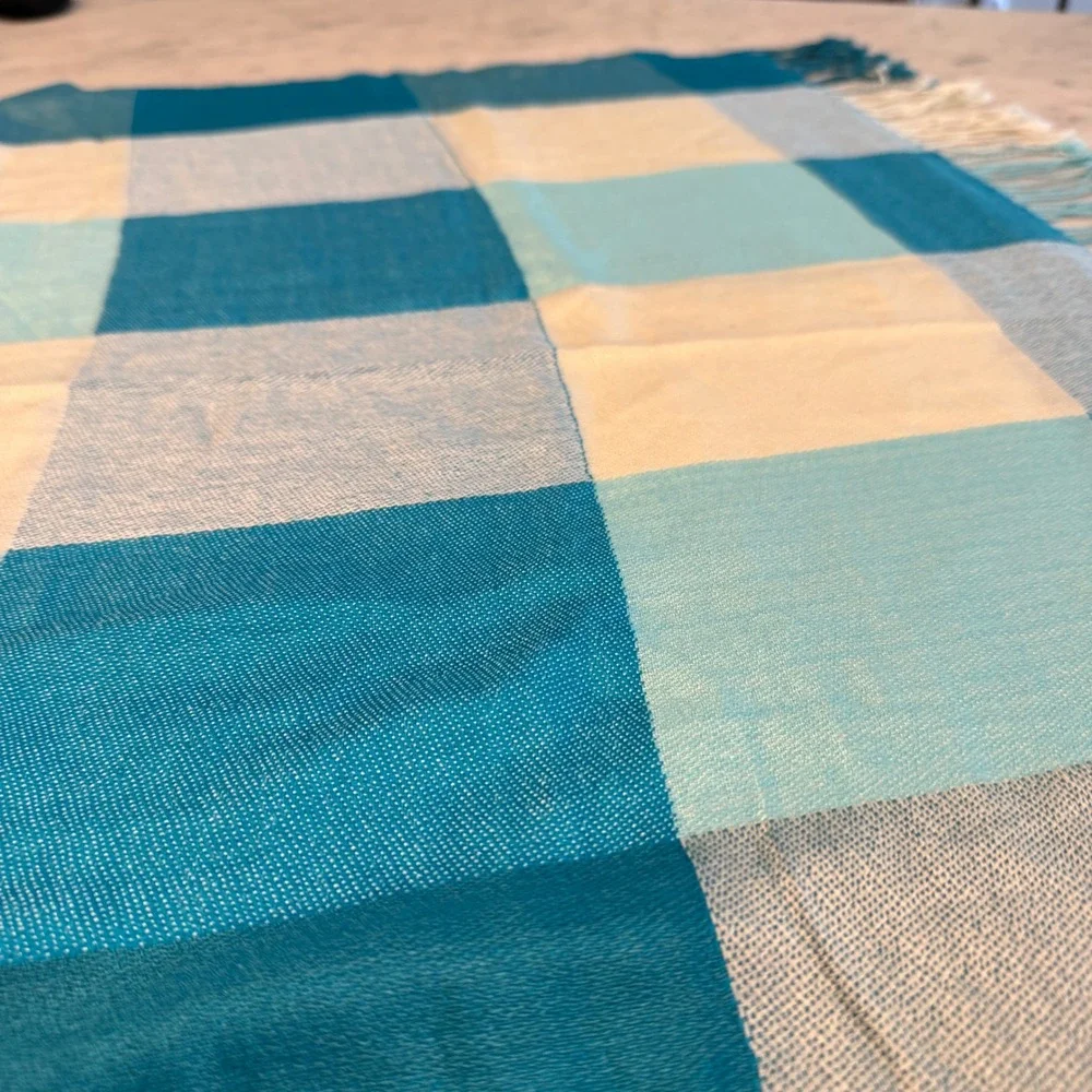 Pashmina‎ Blue Teal Colorblock Plaid Scarf Shawl Wrap with Fringe 28x70
